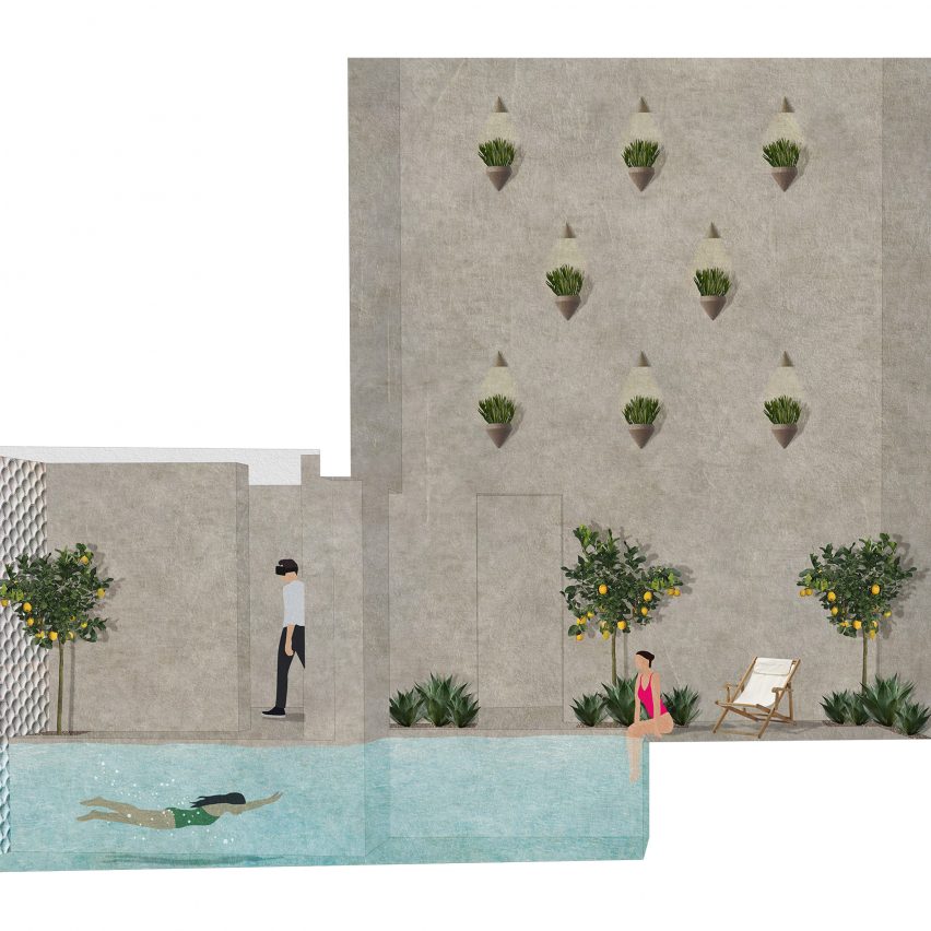 Representación 2D de un edificio con piscina
